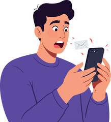 Shocked Man Receives Unexpected Message On Phone Vector
