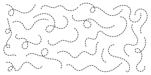 Abstract wavy squiggle dashed line collection. Dotted spiral curve line. Transport dot paths lines. Thin line abstract doted swirl path. Minimal squiggle divider, loopy line vector icon isolated