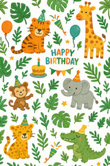 Obraz premium seamless pattern kids birthday party jungle theme
