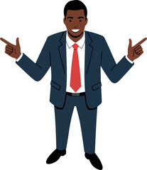 Obraz premium Smiling Businessman In A Blue Suit With A Red Tie Pointing To Sides