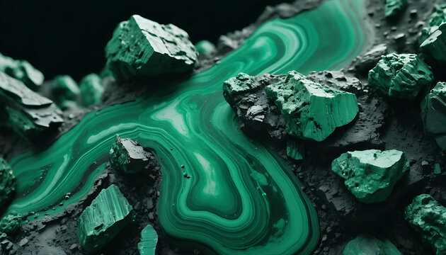 Fragmen malachite 3D bertekstur kasar, bentuk kristal hijau dramatis untuk tema mineral dan sains