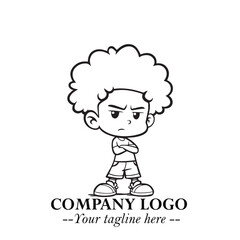 Fototapeta premium Black and White Chibi Boy Illustration with Jacket and Boots in Bold Thick Line Art Minimal Style