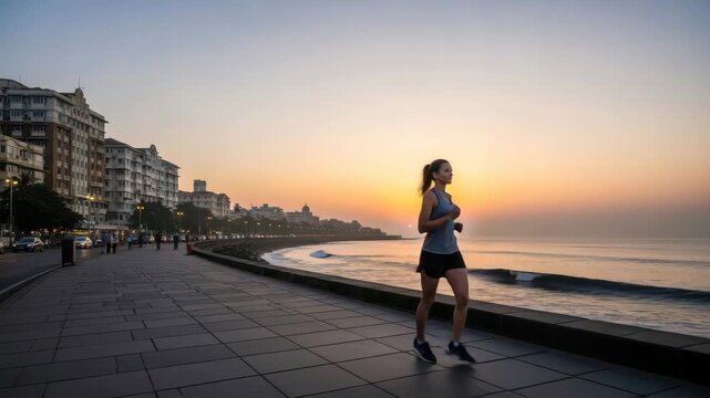 Woman running along the coast at sunrise for her daily morning exercise video generative ai