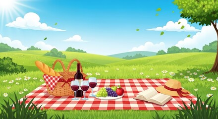 Pixel Art Picnic Blanket With Red Checkered Pattern Fruit Wine And Basket In Grassy Meadow Under Blue Sky