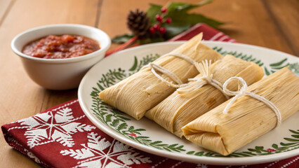 Traditional Tamales with Salsa on a Holiday Plate for a Festive Meal