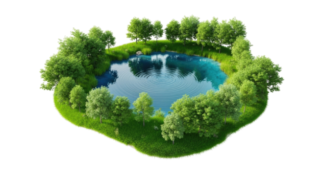 Miniature island ecosystem with lake and trees transparent background cutout png