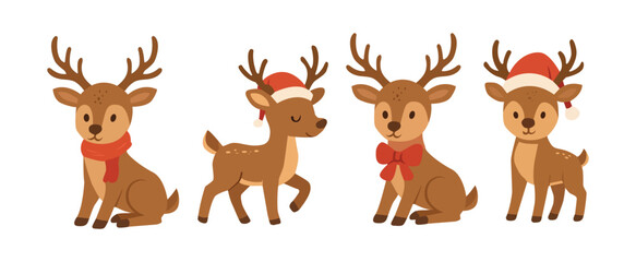 Fototapeta premium Set of cute cartoon reindeer wearing scarves, bows, and Santa hats.