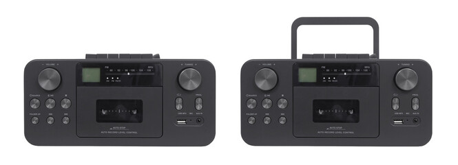 Retro stereo Boombox radio, cassette tape player, CD on a transparent background.