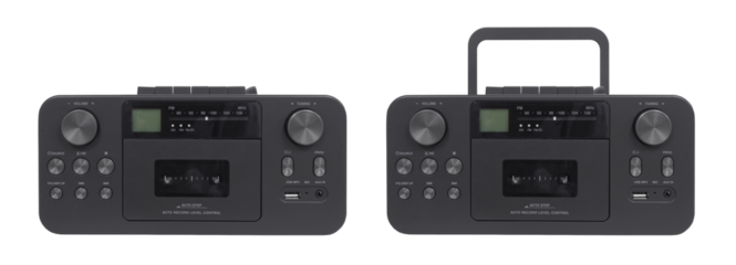 Retro stereo Boombox radio, cassette tape player, CD on a transparent background.