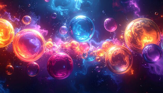 Multicolored, glowing orbs float against a dreamy, nebula-like cosmic background with swirls of blues, purples and oranges
