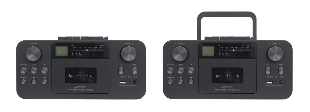 Retro stereo Boombox radio, cassette tape player, CD on a transparent background.