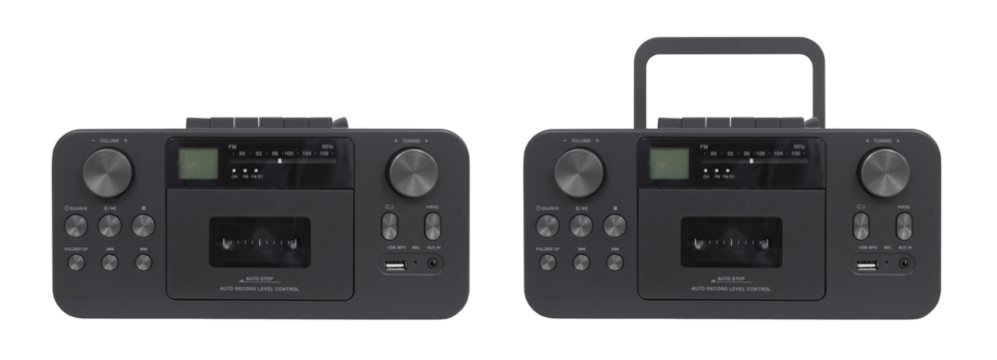 Retro stereo Boombox radio, cassette tape player, CD on a transparent background.