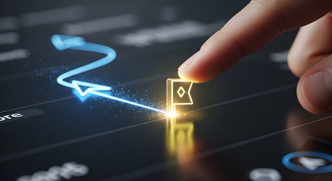 Hand touching digital flag icon representing a destination or goal on an interactive interface.
