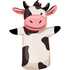 Cartoon Cow Hand Puppet With Black And White Spots Open Arms In A Playful Pose On A White Background