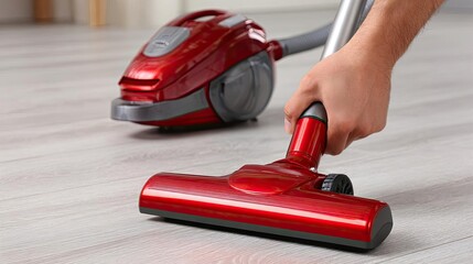 Close up of male using modern vacuum cleaner concept. A person using a red vacuum cleaner on a wooden floor.