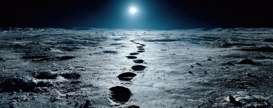 Astronaut footprint in fine lunar dust closeup concept. Footprints in moon dust beneath a glowing lunar landscape.