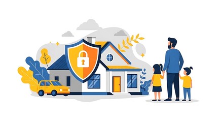 Obraz premium Family protected by home security shield with lock symbol