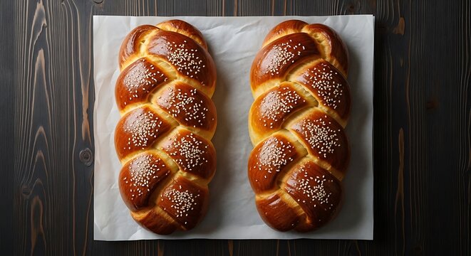 Two golden braided challah breads topped with sesame seeds on parchment paper - Powered by Adobe