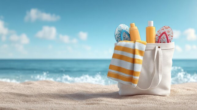 Beach scene with white bag sunscreen flip flops concept. Beach bag with towel, sunscreen, and accessories by the ocean.