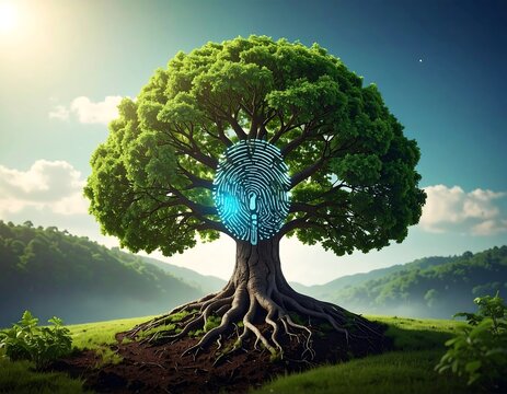 Lush tree with a digital fingerprint at its core, verdant landscape