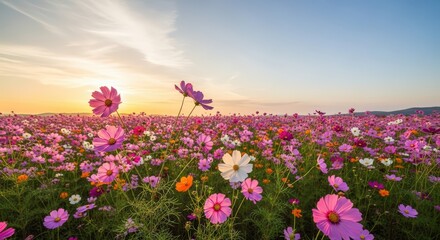 Obraz premium Vast Field Of Colorful Cosmos Flowers Under Golden Sunset Sky With Gentle Breeze