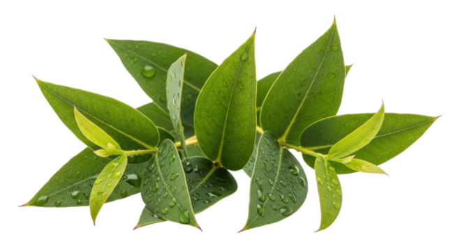 Green leaves with water droplets transparent background cutout png - Powered by Adobe
