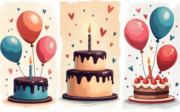 Set of lovely birthday cards design with cake, balloons and typography design. Abstract universal grunge artistic templates. For poster, business card, invitation, flyer, banner, email header