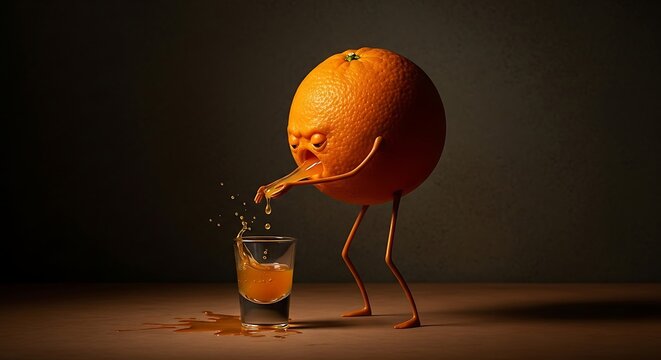 Whimsical Orange character pouring juice into a glass with legs