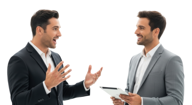 Two businessmen in suits talking and smiling transparent background cutout png