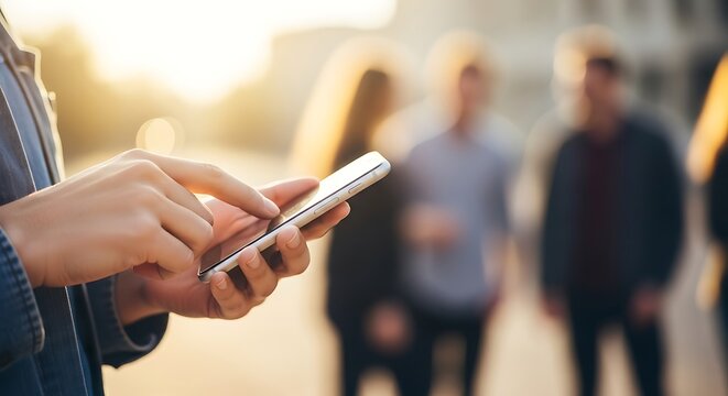 Person's hands using a smartphone outdoors in a sunny setting with blurred people in background, illustrating mobile technology, internet, communication, and social interaction.