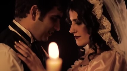 Couple in formal attire embrace near candle flame in soft lighting