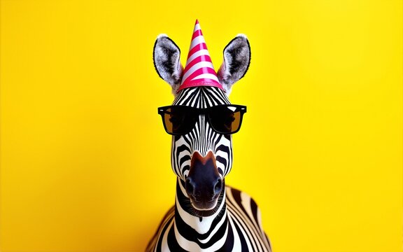 zebra in party hat and sunglasses over yellow background. Generative Ai. High quality