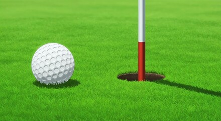 Obraz premium Tee Time Triumph: A golf ball sits close to a hole, with the flagstick indicating the path to success in a meticulously manicured course