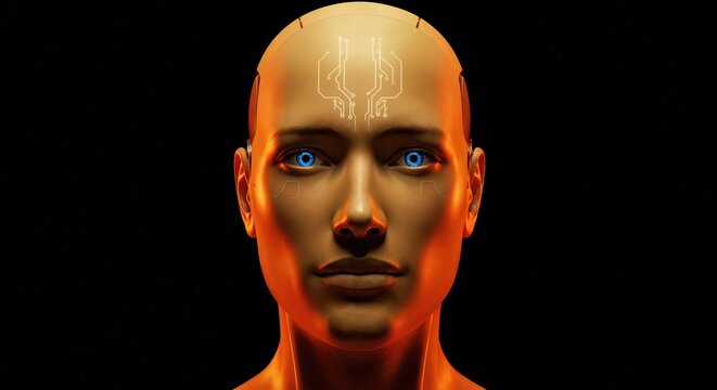 Android's Gaze: An androgynous android with striking blue eyes, illuminated by a warm glow. The futuristic artificial intelligence conveys a sense of serene intelligence.