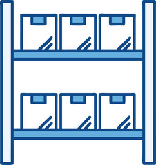 Blue and white icon of warehouse shelves with boxes storage cargo