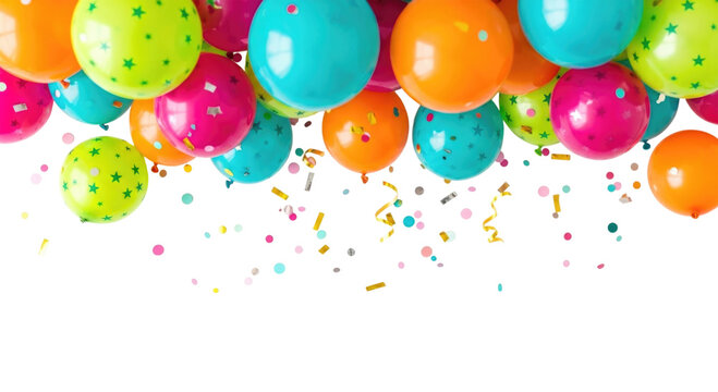 Colorful balloons and confetti celebration transparent background cutout png