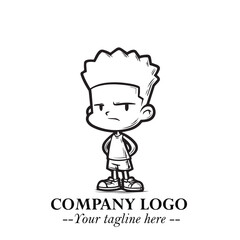 Black and White Chibi Boy Illustration with Jacket and Boots in Bold Thick Line Art Minimal Style