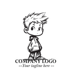 Black and White Chibi Boy Illustration with Jacket and Boots in Bold Thick Line Art Minimal Style