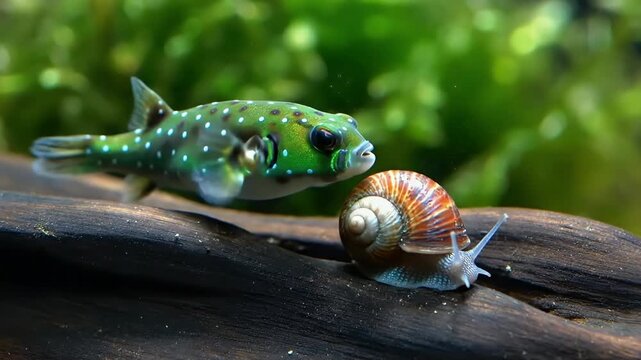 A Curious Encounter in the Aquarium: A Spotted Pufferfish Investigates a Ramshorn Snail, A Whimsical Underwater Scene: Snail and Pufferfish Meet