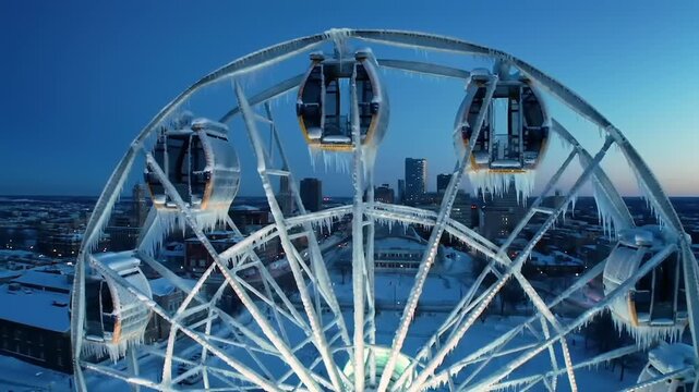 Frozen ferris wheel with icy structures against a city skyline at dusk