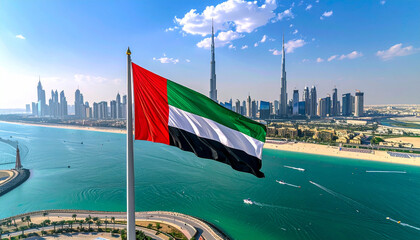 Stunning UAE flag waves proudly over vibrant Dubai cityscape and sparkling azure waters, embodying progress and luxury travel destinations