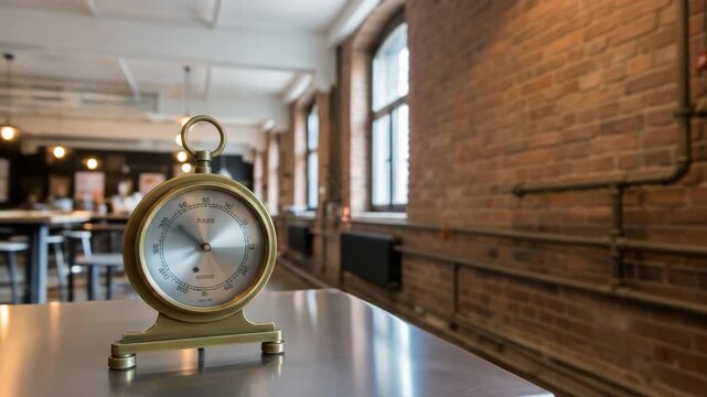 Retro brass barometer on table in loft, featuring barometer, loft, brass, retro style, and industrial aesthetic.