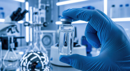 Gloved hand holding clear glass vial in modern laboratory, scientific research, sterile environment, blue lighting, medical innovation, focus on transparency