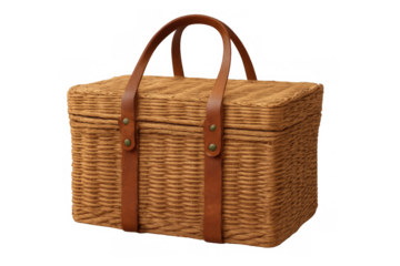 Wicker picnic basket with leather handle on transparent background, carrying food for outdoor summer outing