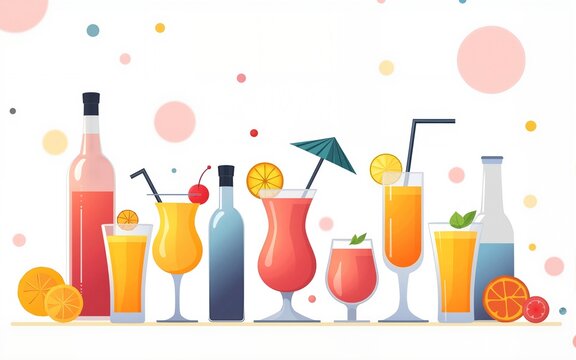 Cocktails party horizontal banner, poster, flyer template. Vector flat illustration. Abstract geometric color design. Alcoholic, non-alcoholic drinks cocktail menu, bar elements on white background