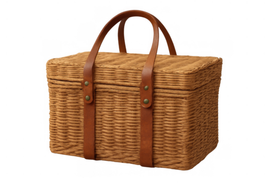 Wicker picnic basket with leather handle on transparent background, carrying food for outdoor summer outing
