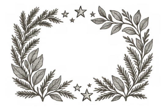 Decorative botanical wreath frame with stars, drawing in monochrome style, ideal for design elements and borders