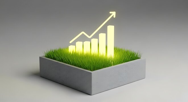 Sustainable business growth: glowing bar and line graphs rise from vibrant green grass in a concrete planter, symbolizing financial success and eco-investment. - Powered by Adobe