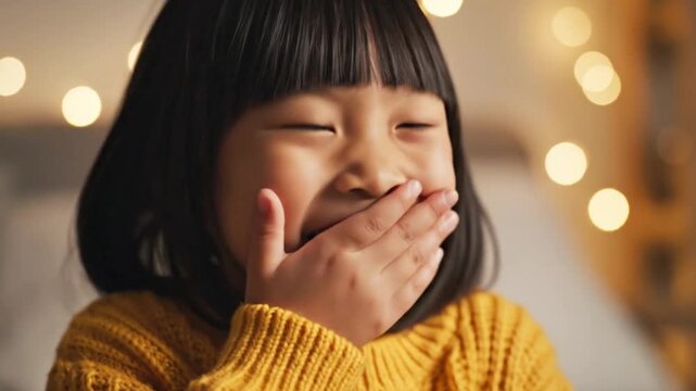 Smiling Asian girl hand covering mouth in mustard sweater with blurred lights in the background