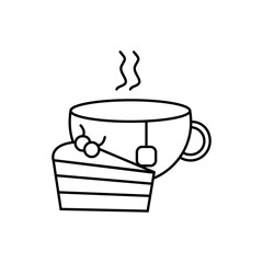 Isolated icon of tea and cake, breakfast. Vector black and white doodle illustration. Suitable for use in mobile apps, websites, and advertising.